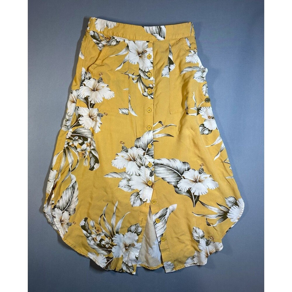 Rip Curl Women's Yellow Floral A-Line Midi Skirt Button Front Size S